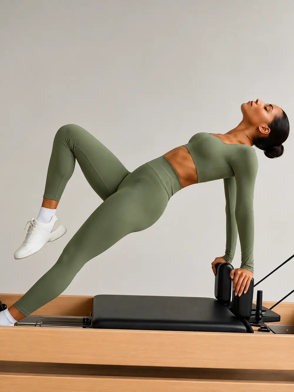 Aluna fazendo ponte apoiada no reformer